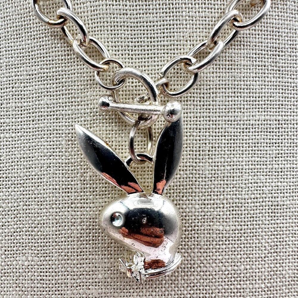Vintage 90s Bunny Pendant Necklace Silver Tone Chunky Chain Choker Retro Jewelry